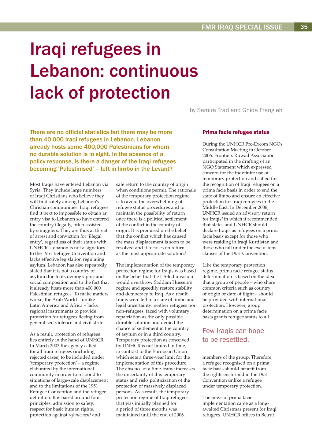 Iraqi Refugees in Lebanon: Continuous Lack of Protection by Samira Trad and Ghida Frangieh