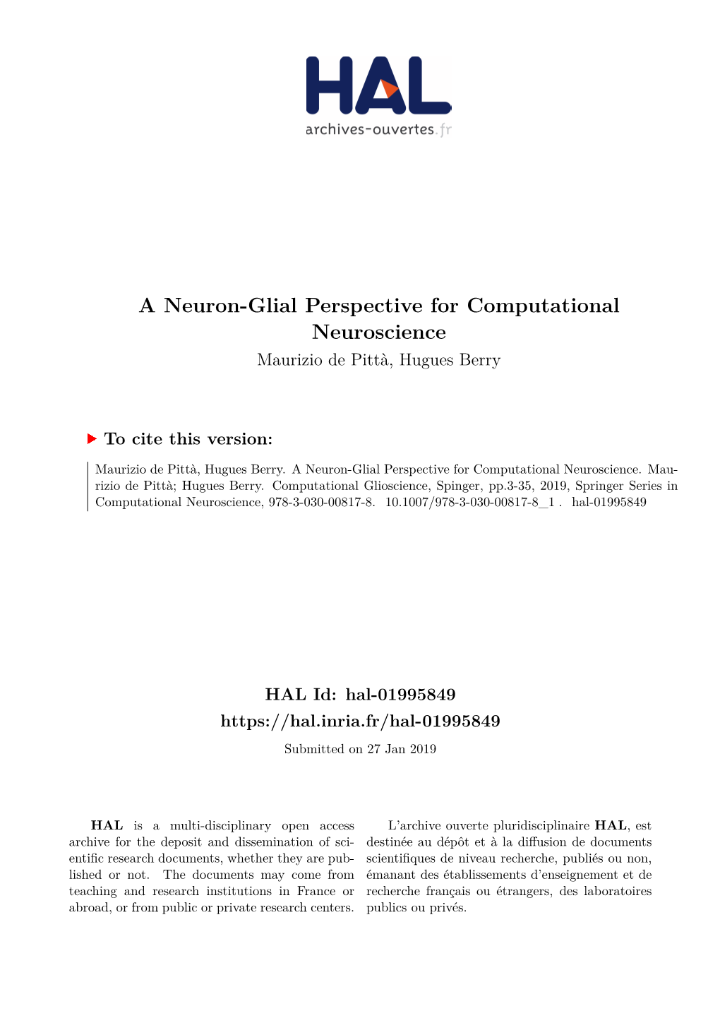 A Neuron-Glial Perspective for Computational Neuroscience Maurizio De Pittà, Hugues Berry