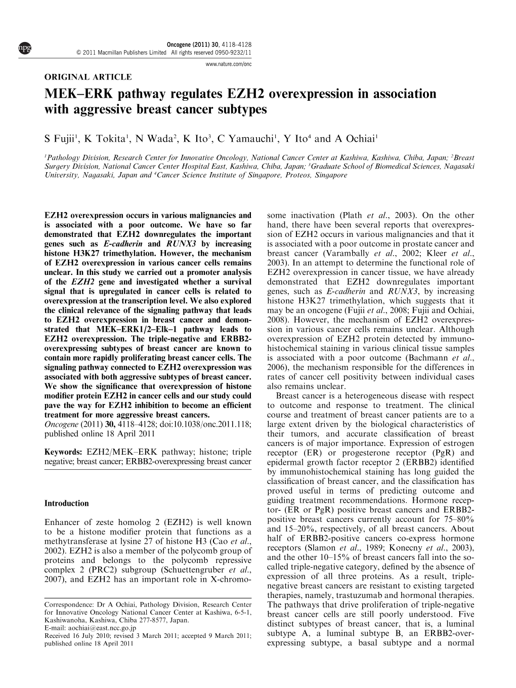 ERK Pathway Regulates EZH2 Overexpression in Association with Aggressive Breast Cancer Subtypes