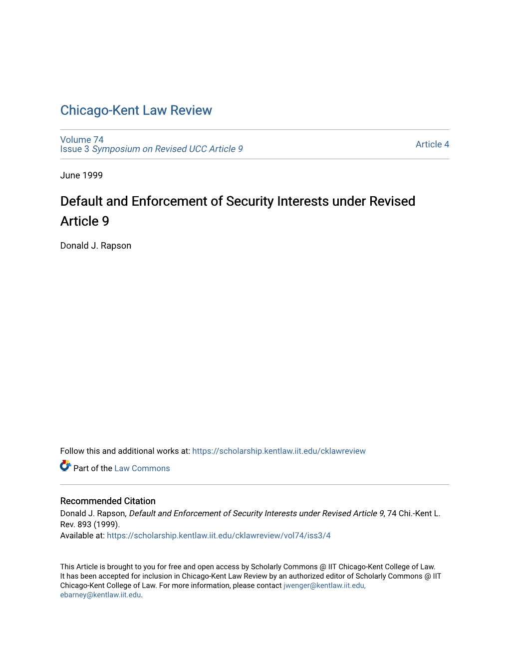 Default and Enforcement of Security Interests Under Revised Article 9