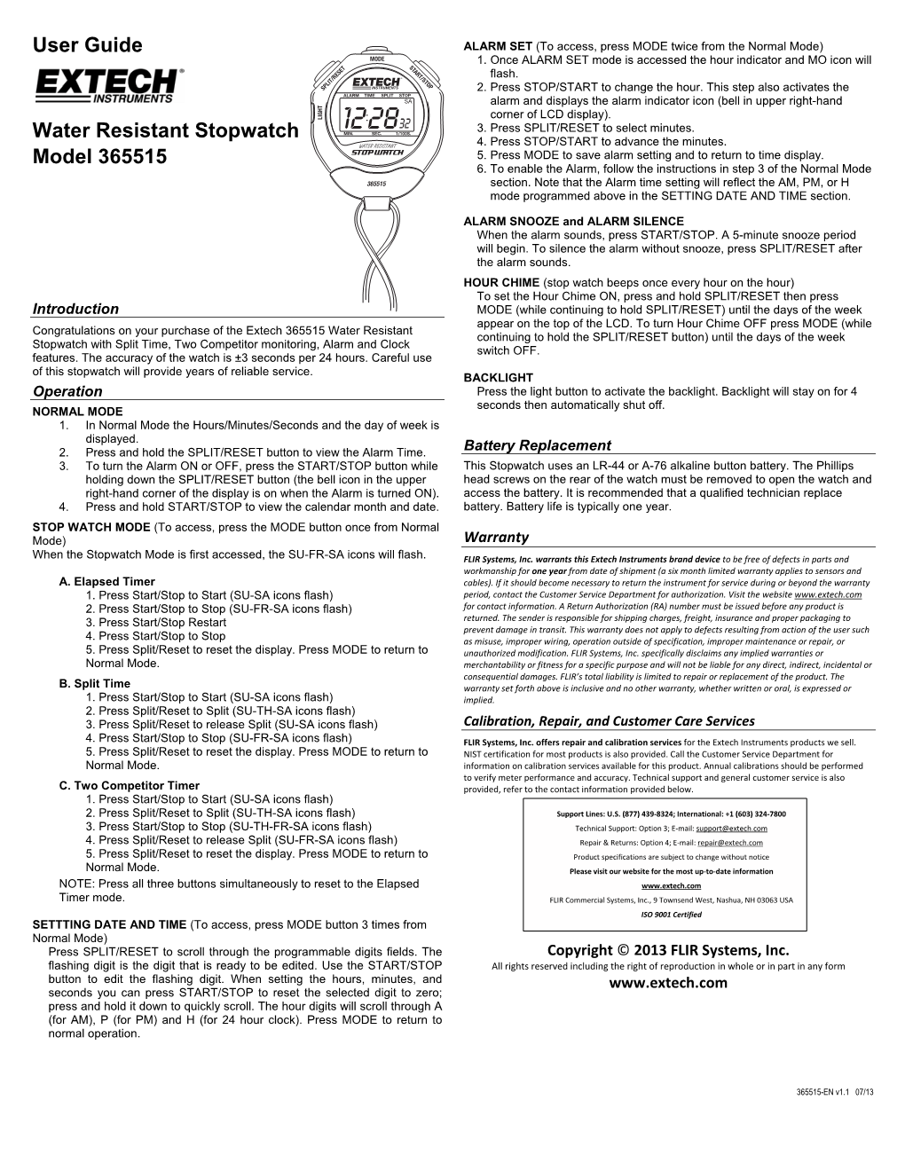 User Guide Water Resistant Stopwatch Model 365515