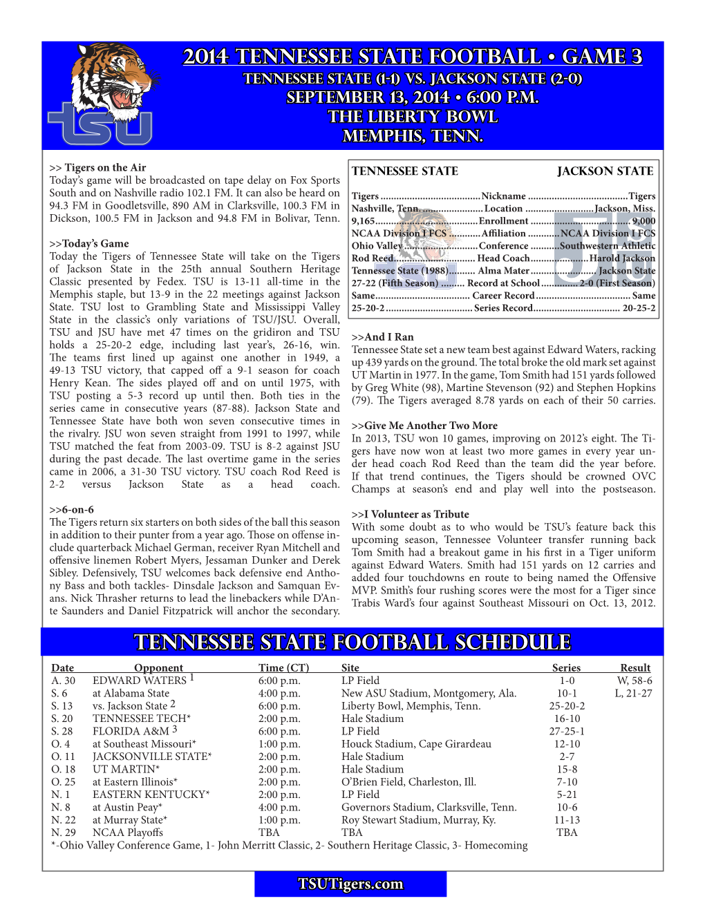 TENNESSEE STATE FOOTBALL Schedule Date Opponent Time (CT) Site Series Result A