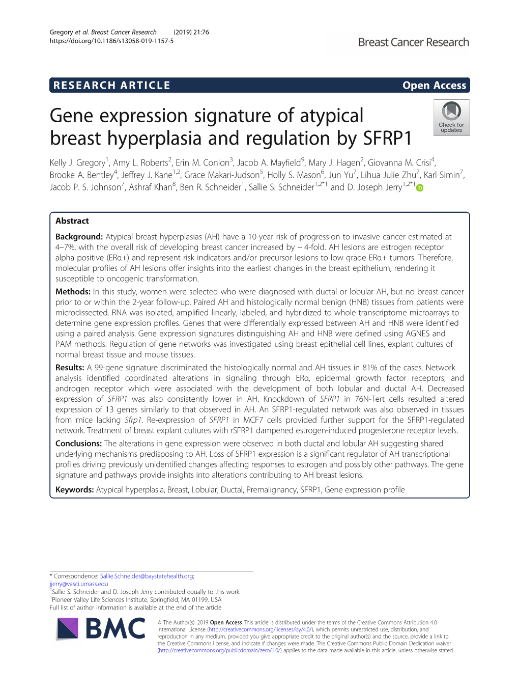 Gene Expression Signature of Atypical Breast Hyperplasia and Regulation by SFRP1 Kelly J