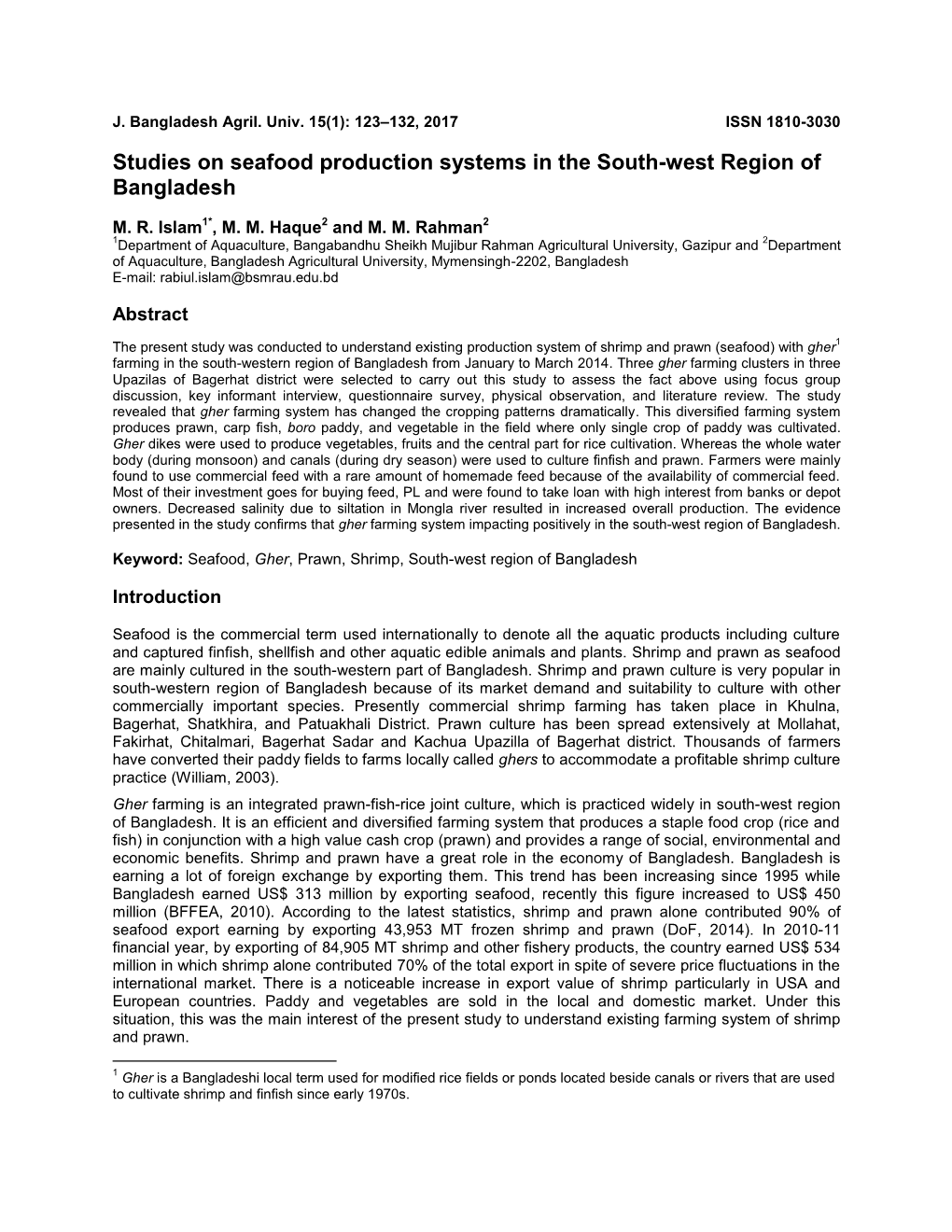 Studies on Seafood Production Systems in the South-West Region of Bangladesh