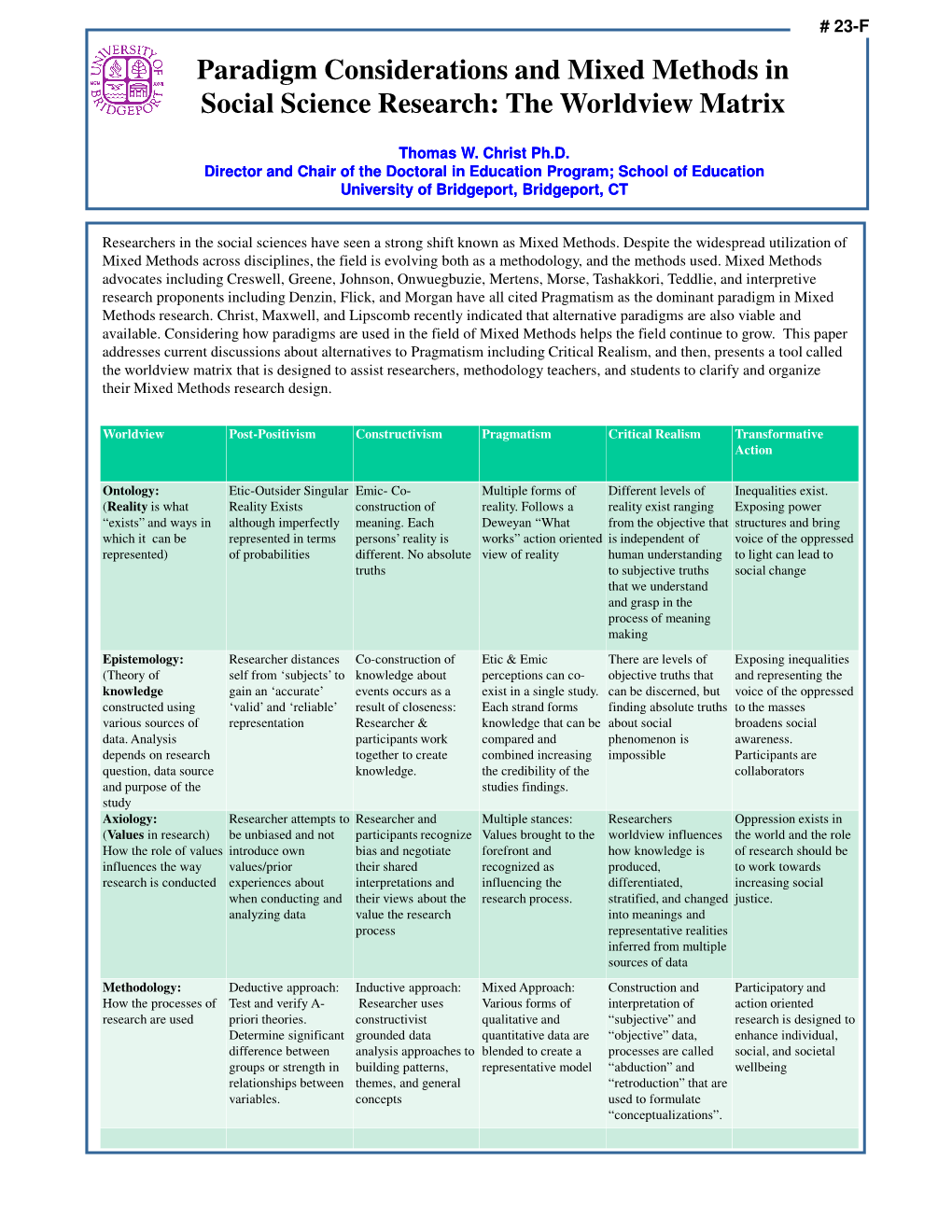 Paradigm Considerations and Mixed Methods in Social Science Research: the Worldview Matrix