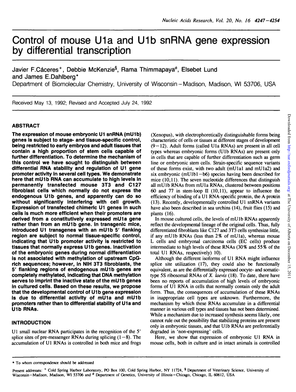 Control of Mouse U1a and 1Mb Snrna Gene Expression by Differential Transcription