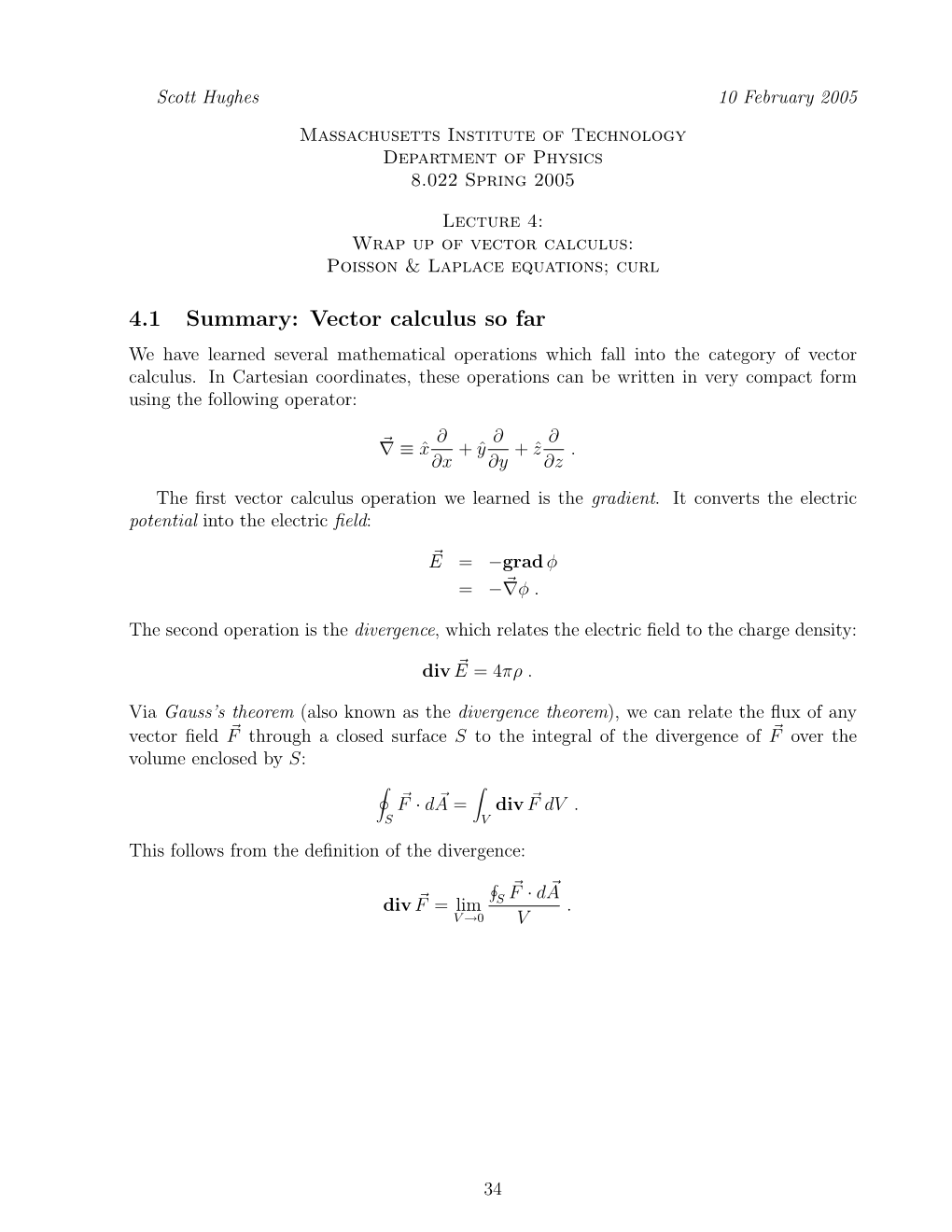 4.1 Summary: Vector Calculus So Far We Have Learned Several Mathematical Operations Which Fall Into the Category of Vector Calculus