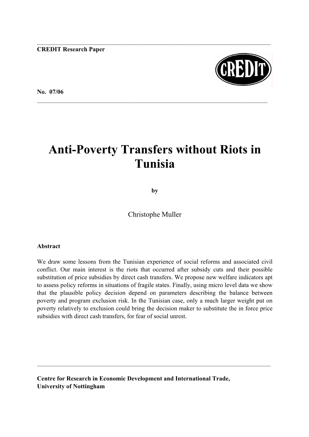 Anti-Poverty Transfers Without Riots in Tunisia