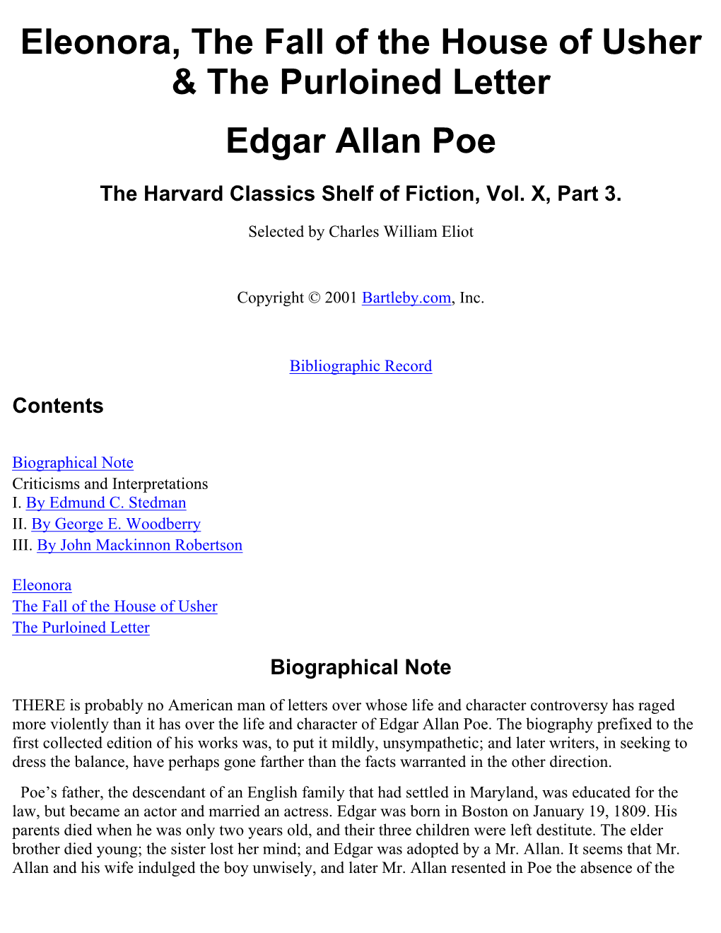 Eleonora, the Fall of the House of Usher & the Purloined Letter Edgar Allan Poe