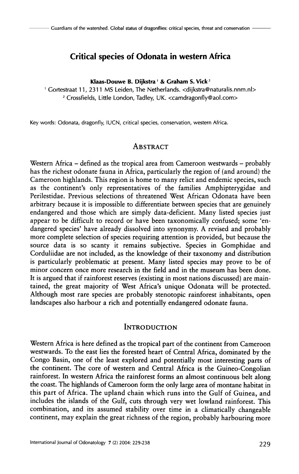 Critical Species of Odonata in Western Africa