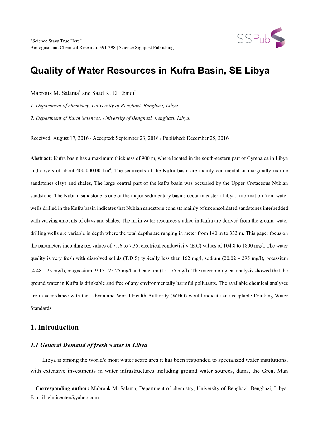 Quality of Water Resources in Kufra Basin, SE Libya