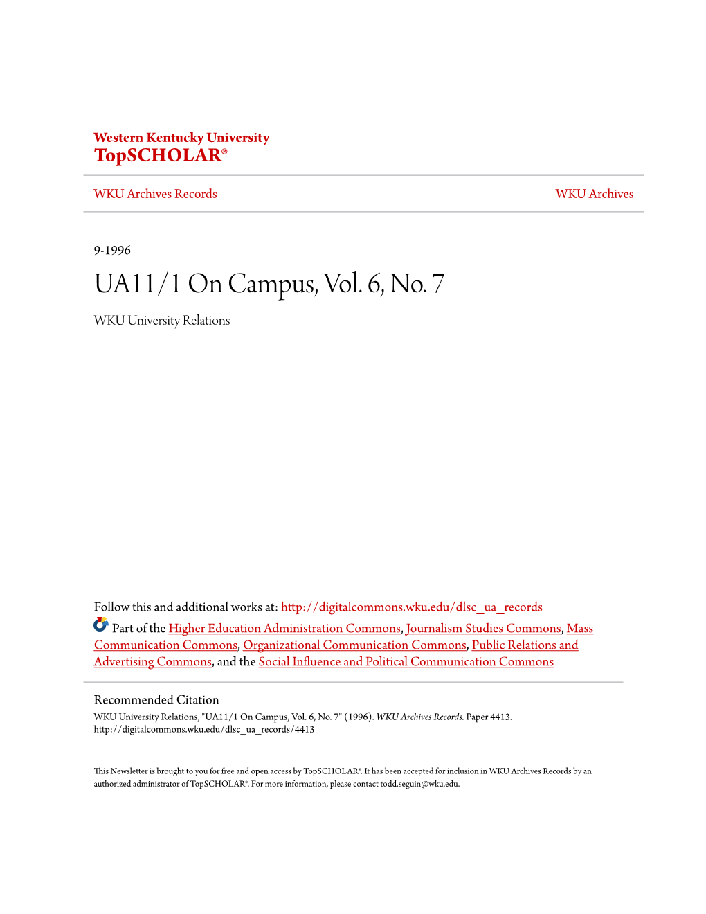 UA11/1 on Campus, Vol. 6, No. 7 WKU University Relations