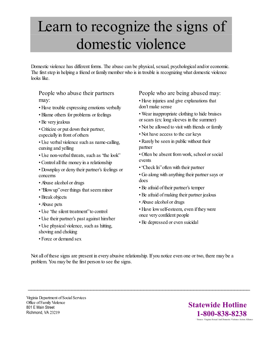 Learn to Recognize the Signs of Domestic Violence