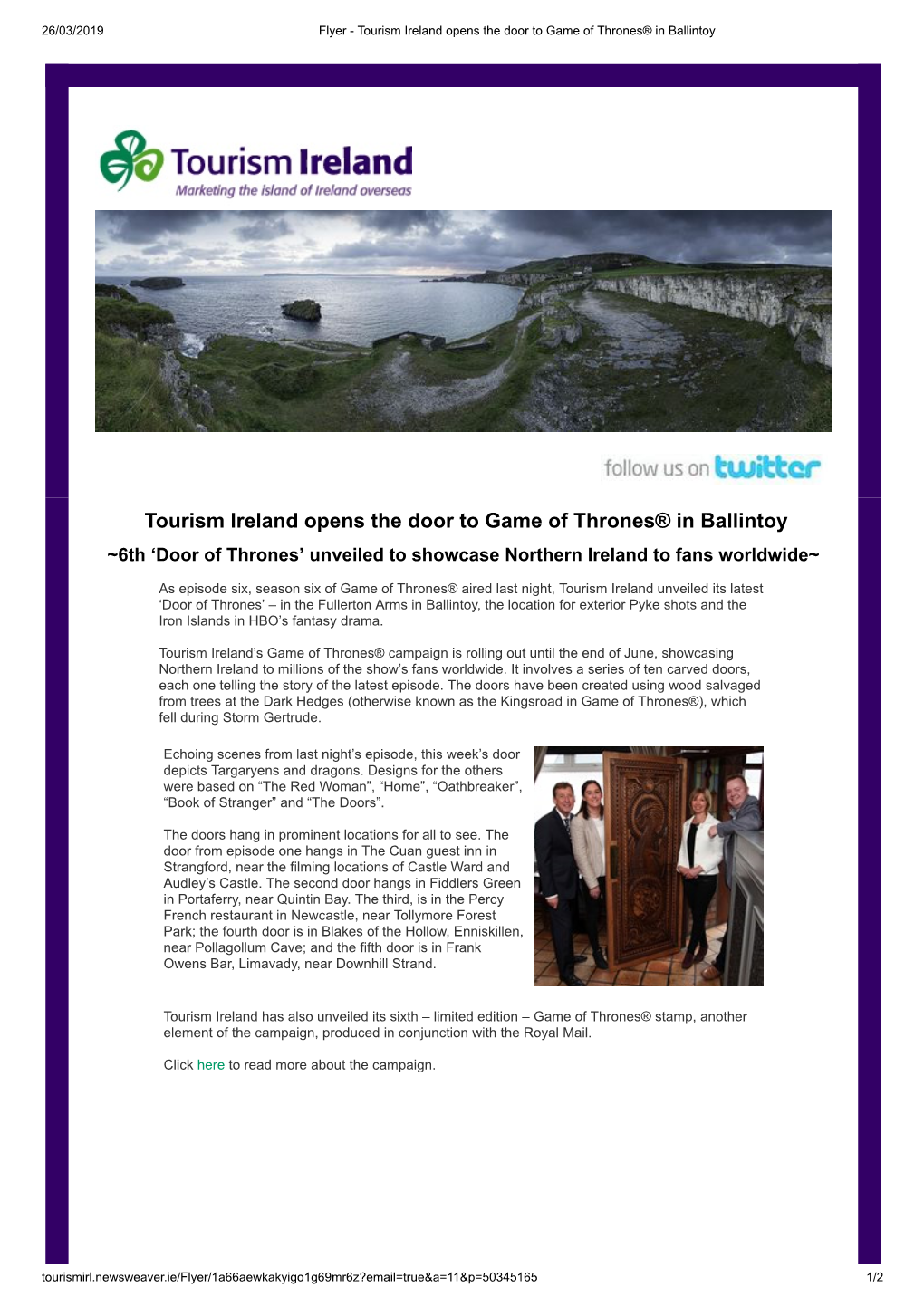 Tourism Ireland Opens the Door to Game of Thrones® in Ballintoy