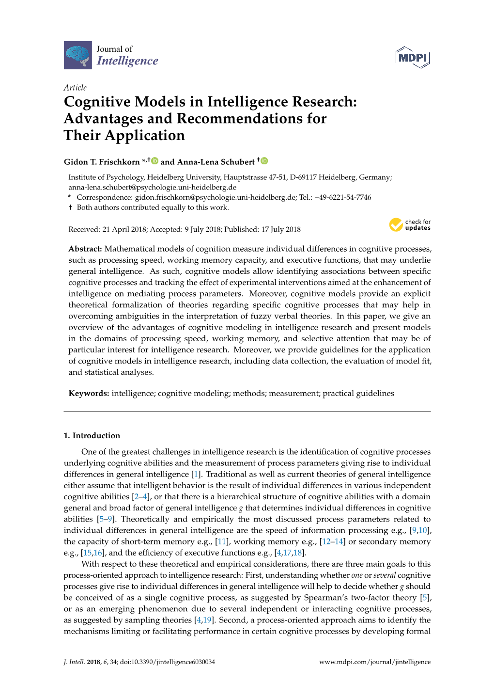 Cognitive Models in Intelligence Research: Advantages and Recommendations for Their Application