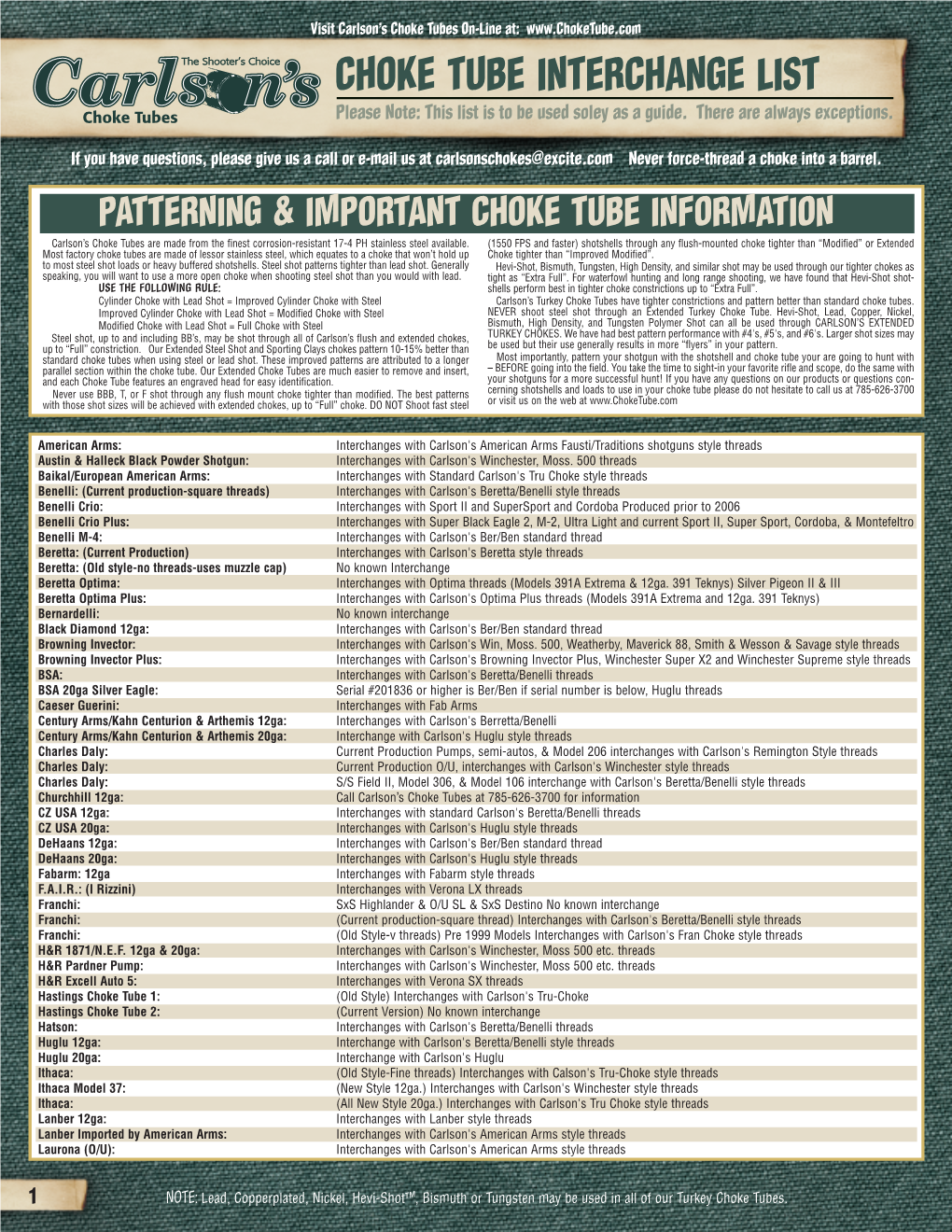 CHOKE TUBE INTERCHANGE LIST Please Note: This List Is to Be Used Soley As a Guide