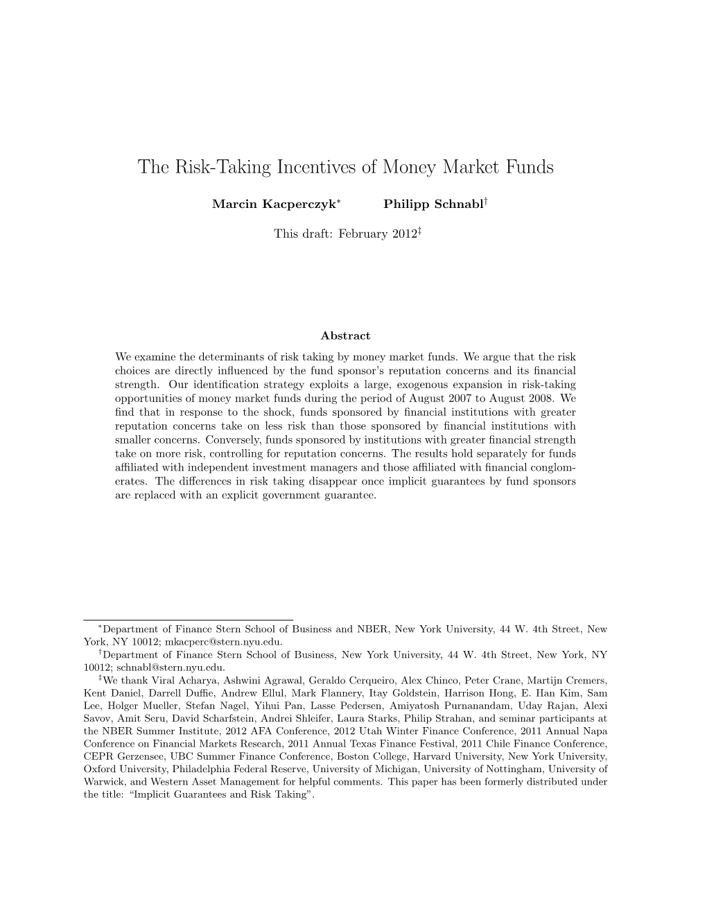 The Risk-Taking Incentives of Money Market Funds