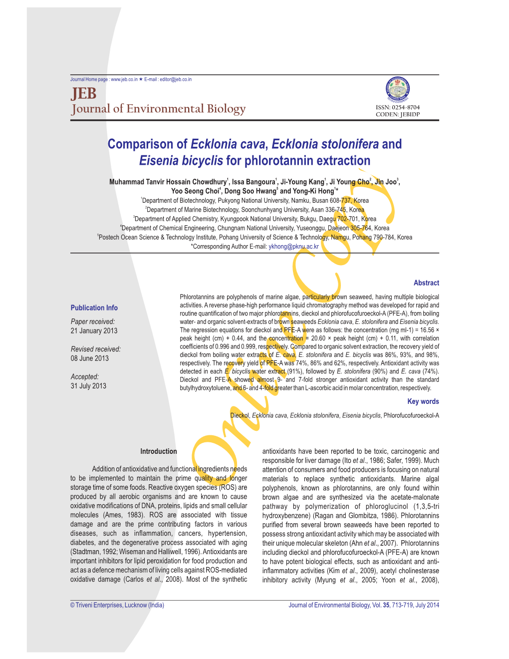 Comparison of Ecklonia Cava, Ecklonia Stolonifera and Eisenia Bicyclis for Phlorotannin Extraction