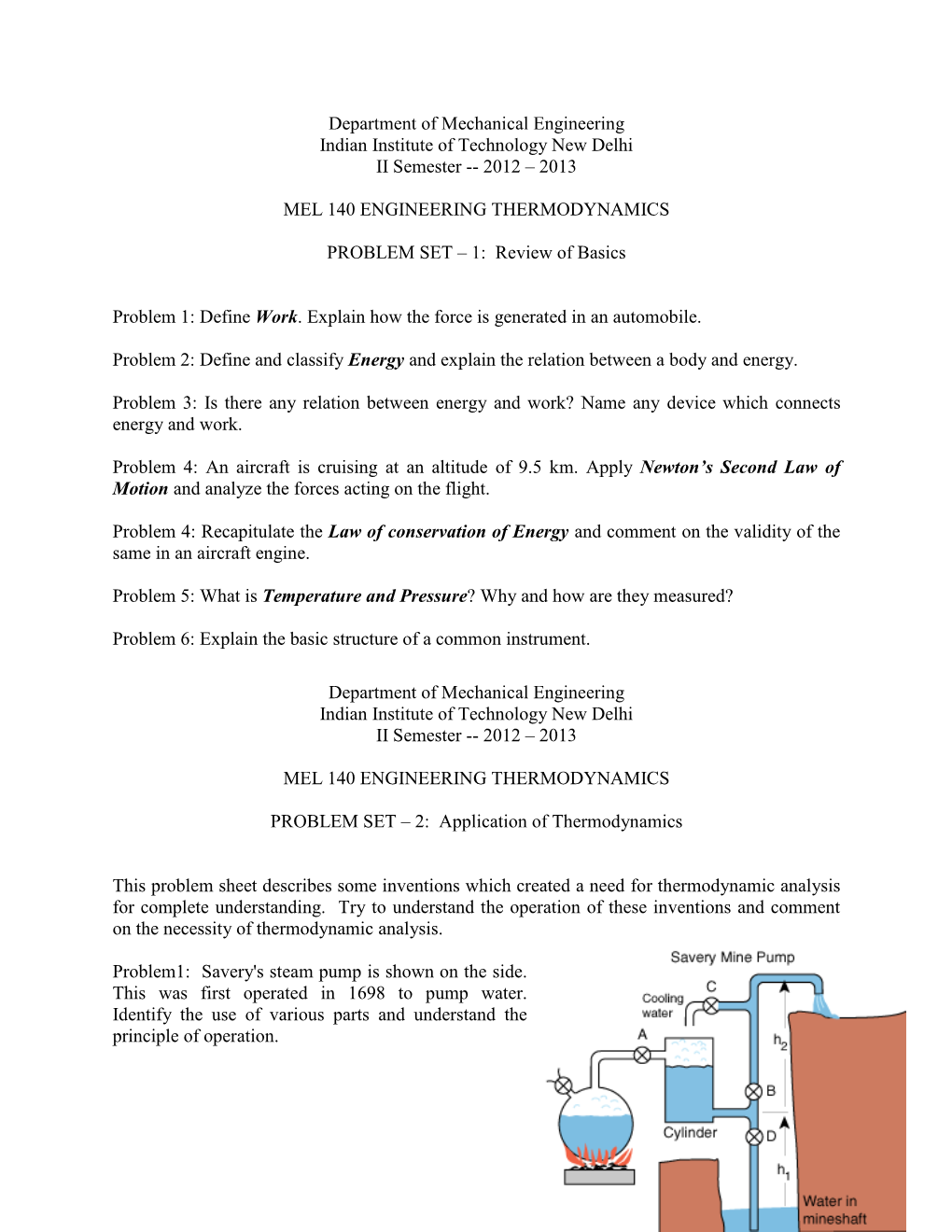 Department of Mechanical Engineering Indian Institute of Technology New Delhi II Semester -- 2012 – 2013