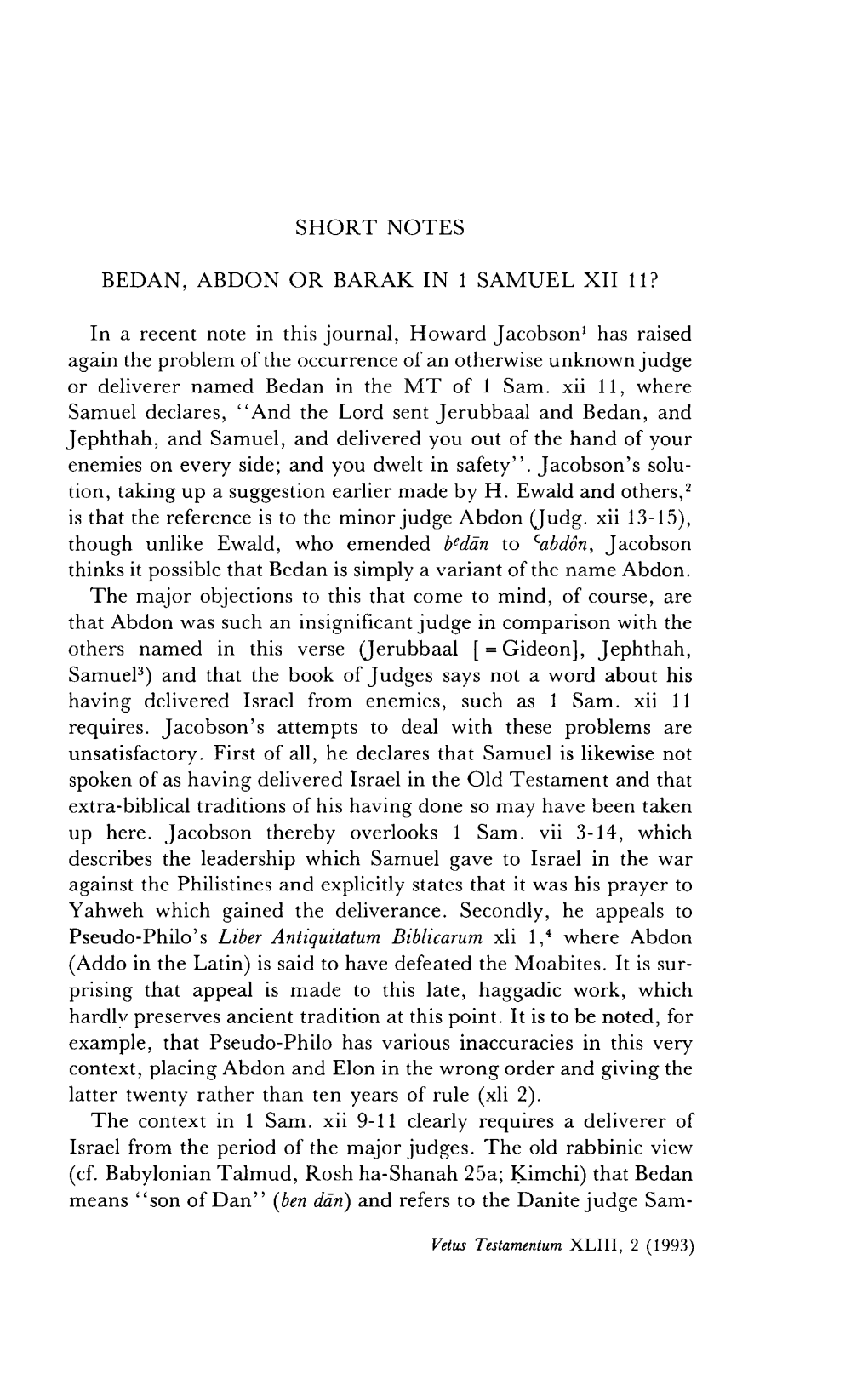 SHORT NOTES BEDAN, ABDON OR BARAK in 1 SAMUEL XII 11? in A