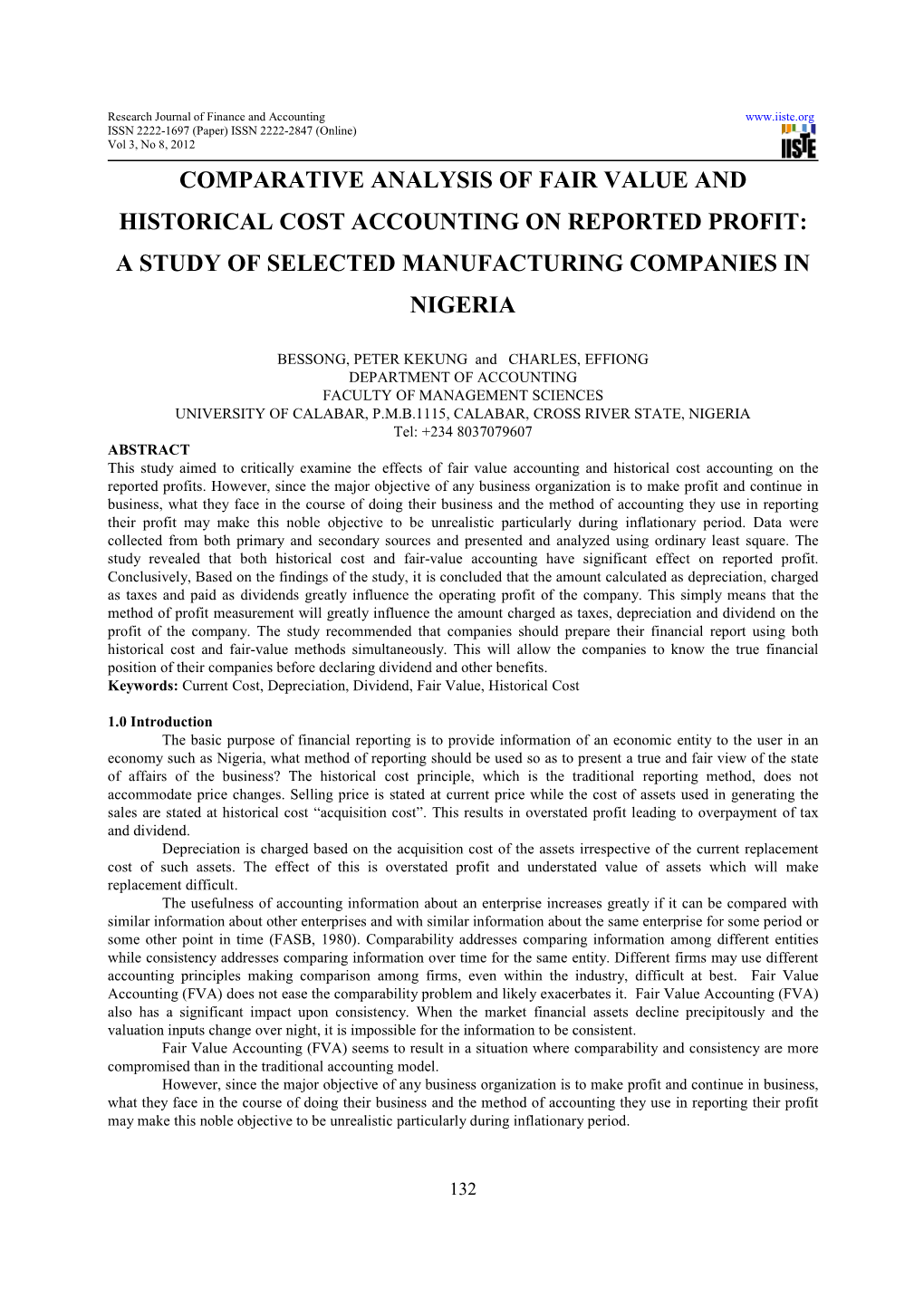 Comparative Analysis of Fair Value and Historical Cost Accounting on Reported Profit: a Study of Selected Manufacturing Companies in Nigeria