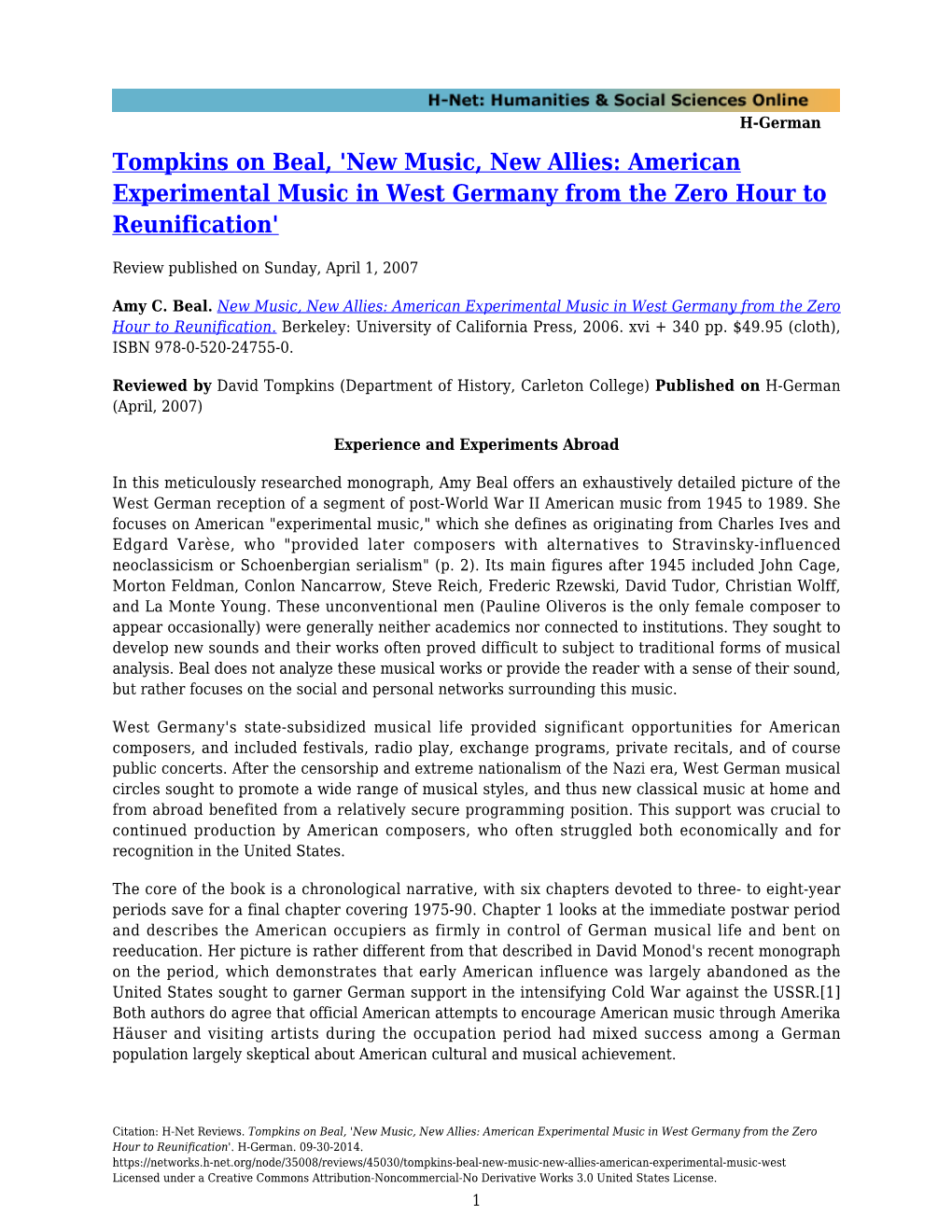 Tompkins on Beal, 'New Music, New Allies: American Experimental Music in West Germany from the Zero Hour to Reunification'