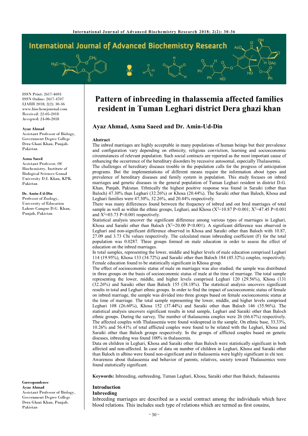 Pattern of Inbreeding in Thalassemia Affected Families Resident in Tuman