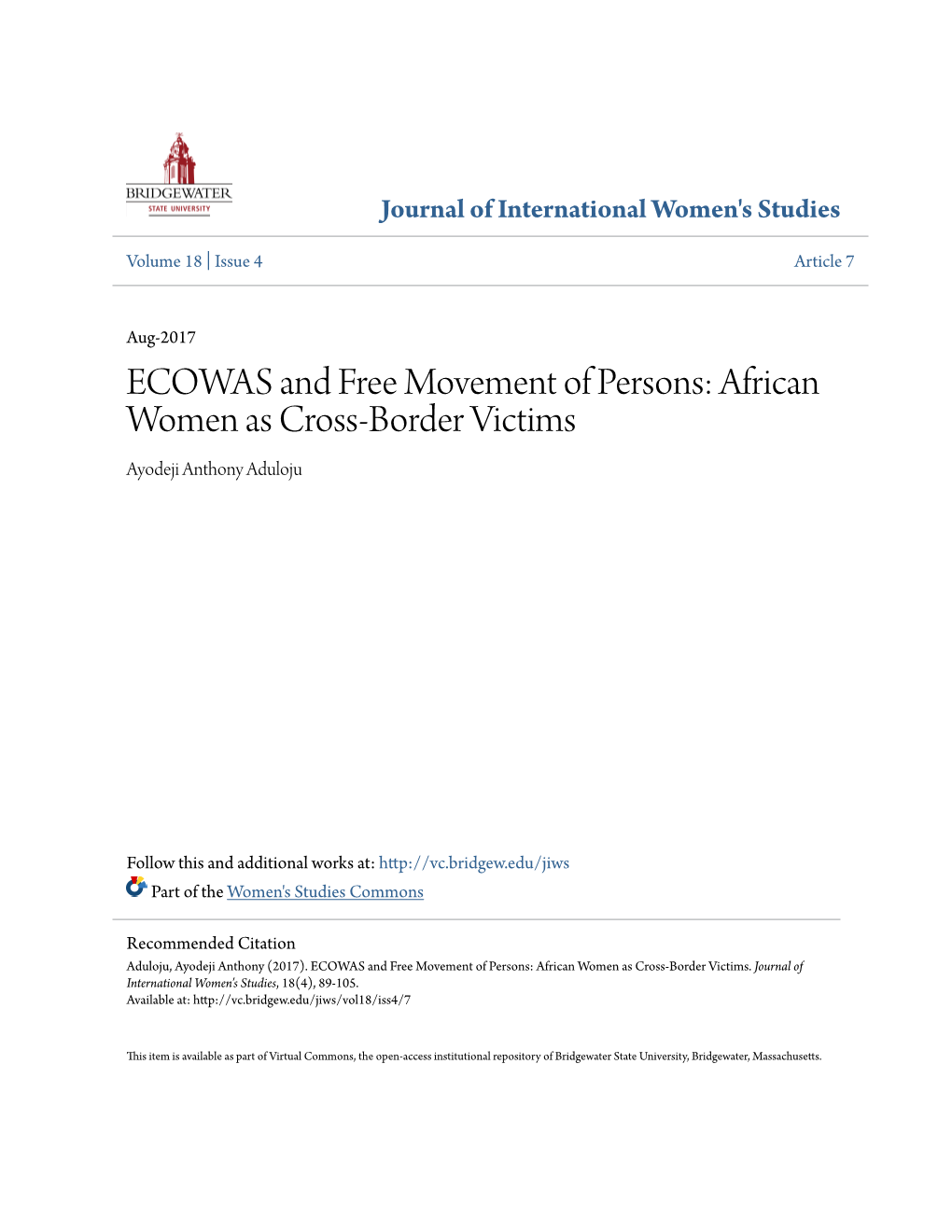ECOWAS and Free Movement of Persons: African Women As Cross-Border Victims Ayodeji Anthony Aduloju