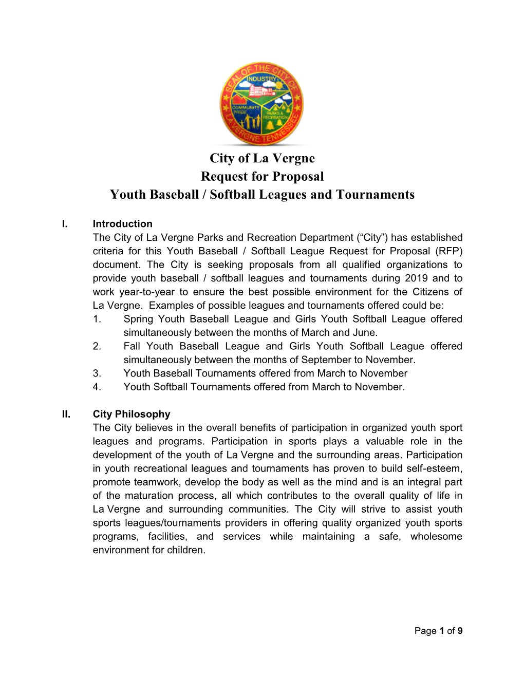 City of La Vergne Request for Proposal Youth Baseball / Softball Leagues and Tournaments