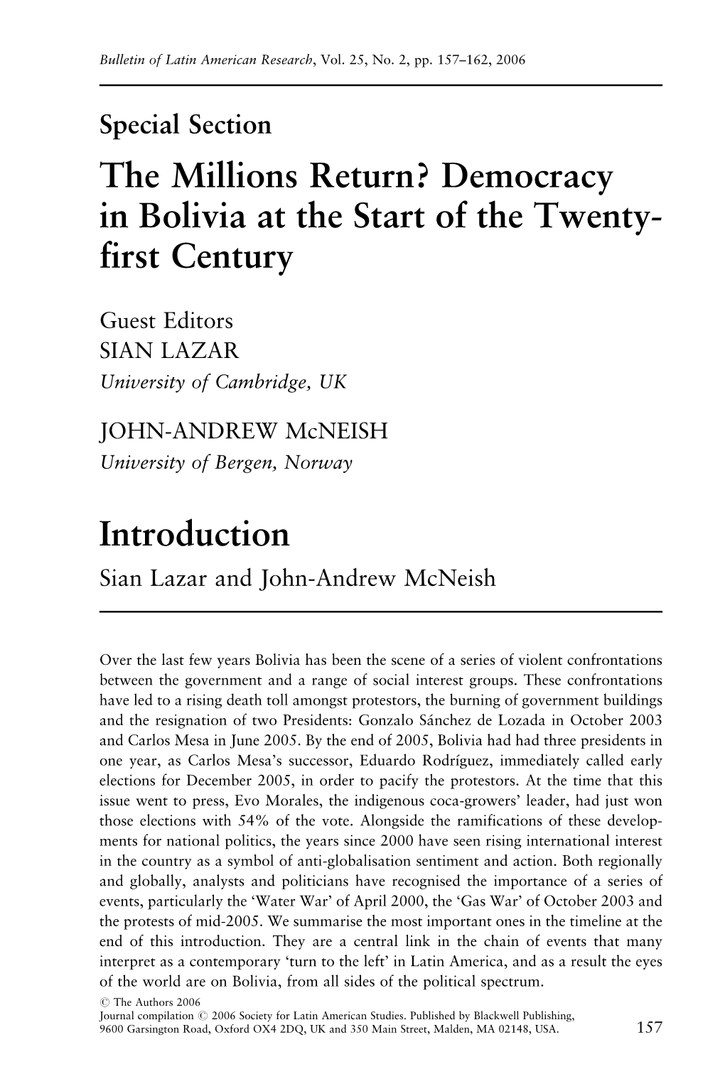 The Millions Return? Democracy in Bolivia at the Start of the Twenty- First Century