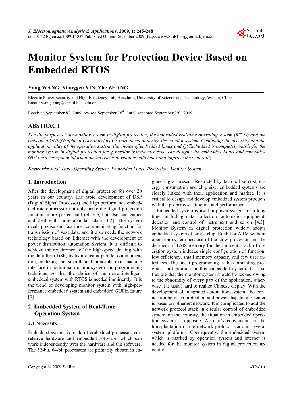 Monitor System for Protection Device Based on Embedded RTOS