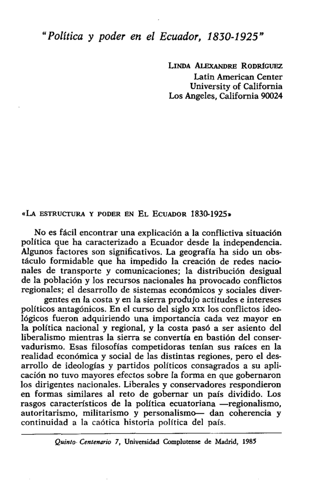 “Política Y Poder En El Ecuador, 1830-1925”