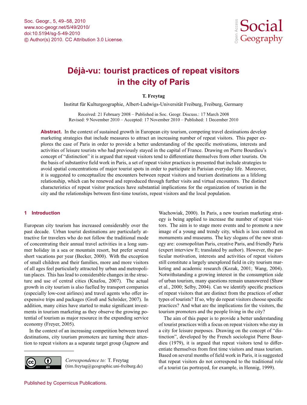 Tourist Practices of Repeat Visitors in the City of Paris