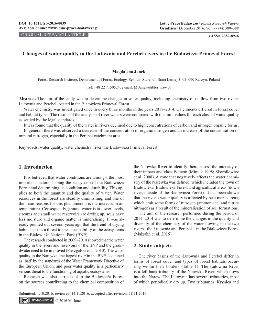 Changes of Water Quality in the Łutownia and Perebel Rivers in the Białowieża Primeval Forest