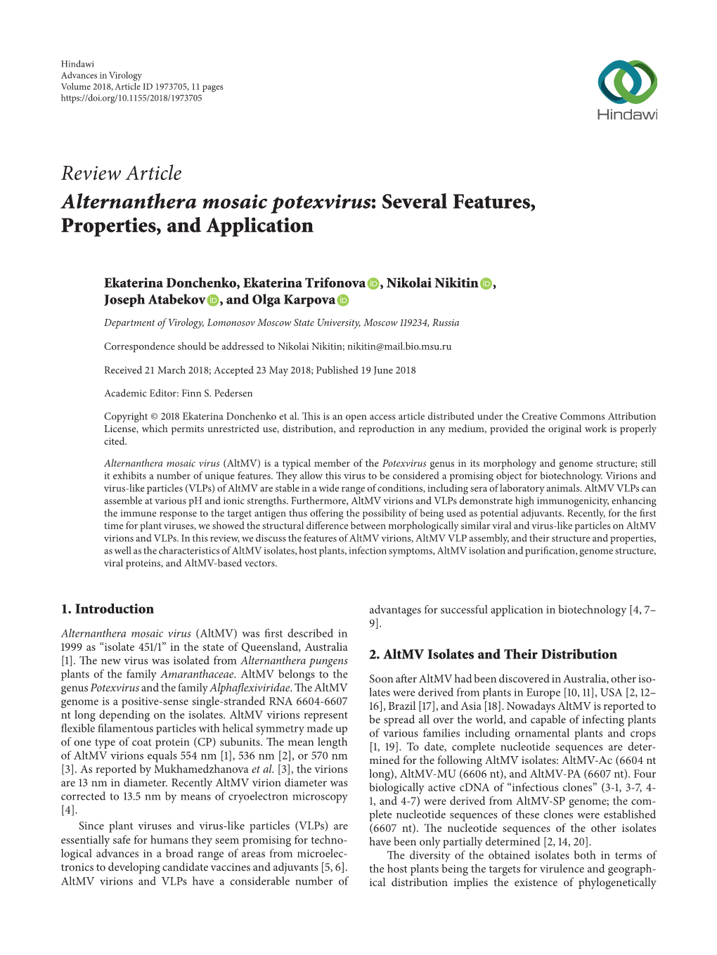 Review Article Alternanthera Mosaic Potexvirus: Several Features, Properties, and Application