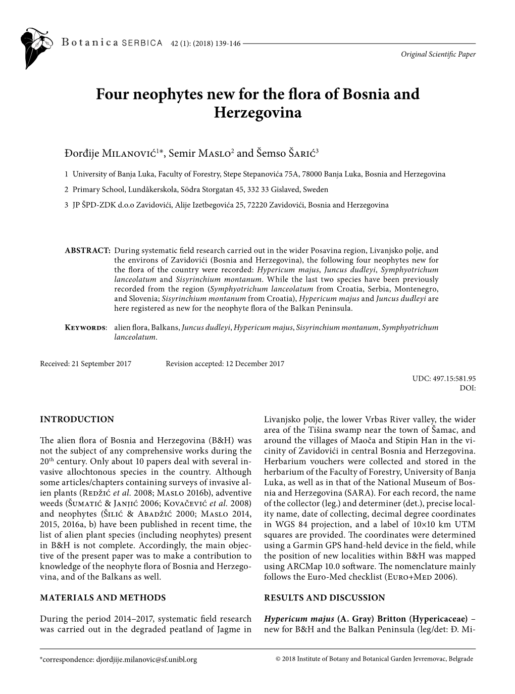 Four Neophytes New for the Flora of Bosnia and Herzegovina