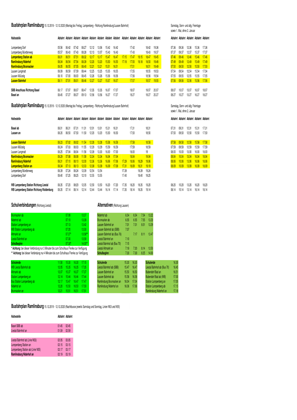 Busfahrplan Ramlinsburg 15.12.2019 - 12.12.2020 (Montag Bis Freitag, Lampenberg - Richtung Ramlinsburg/Lausen Bahnhof) Samstag, Sonn- Und Allg