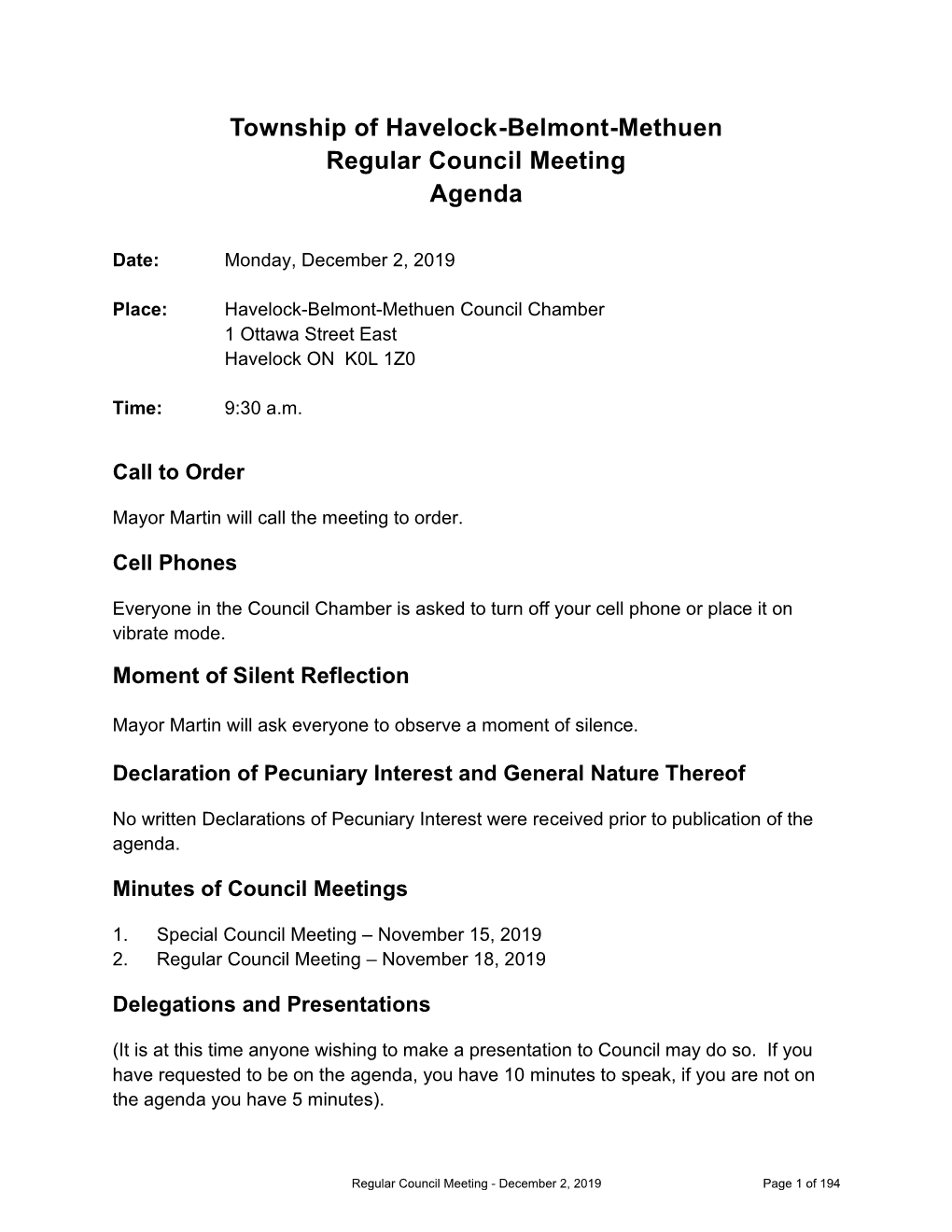 Township of Havelock-Belmont-Methuen Regular Council Meeting Agenda