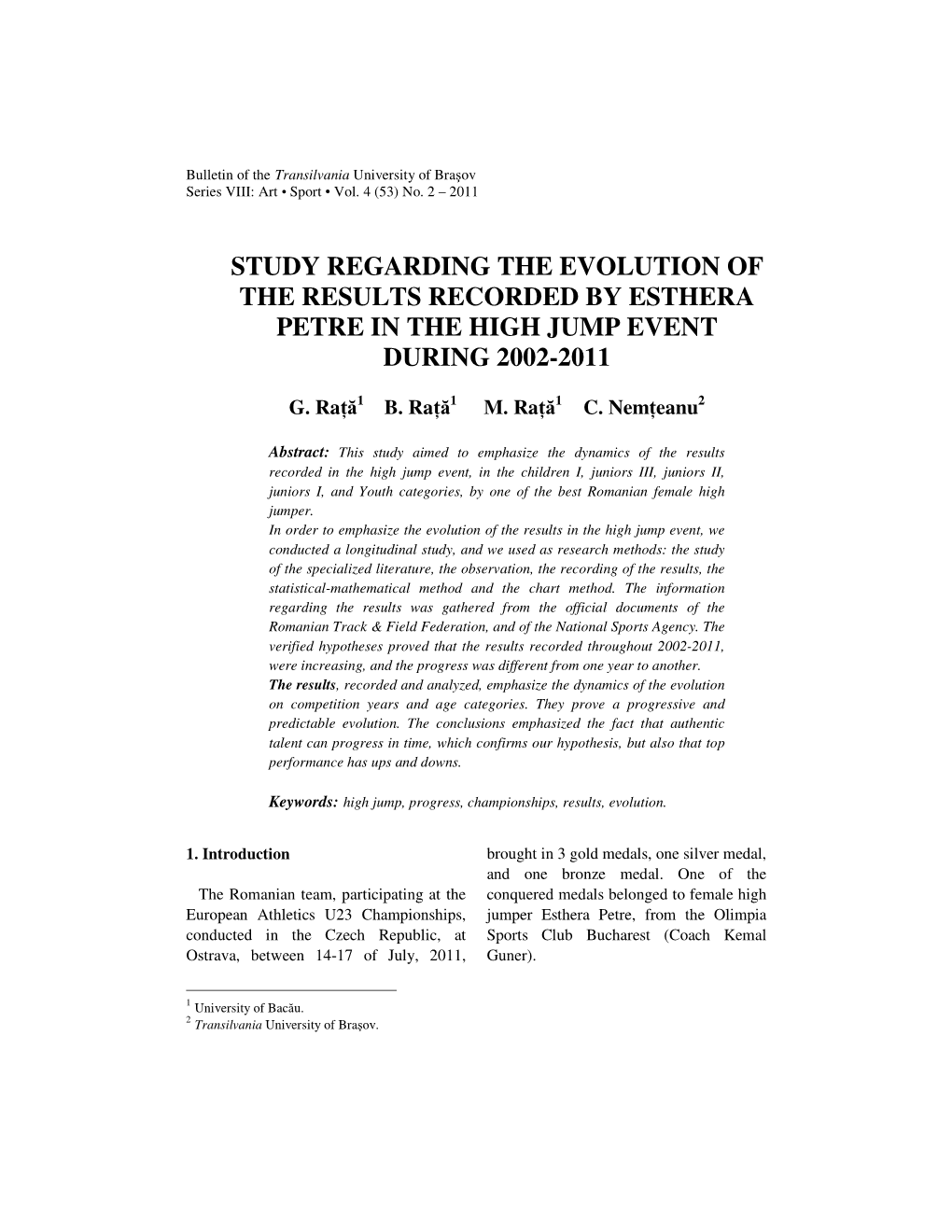 Study Regarding the Evolution of the Results Recorded by Esthera Petre in the High Jump Event During 2002-2011