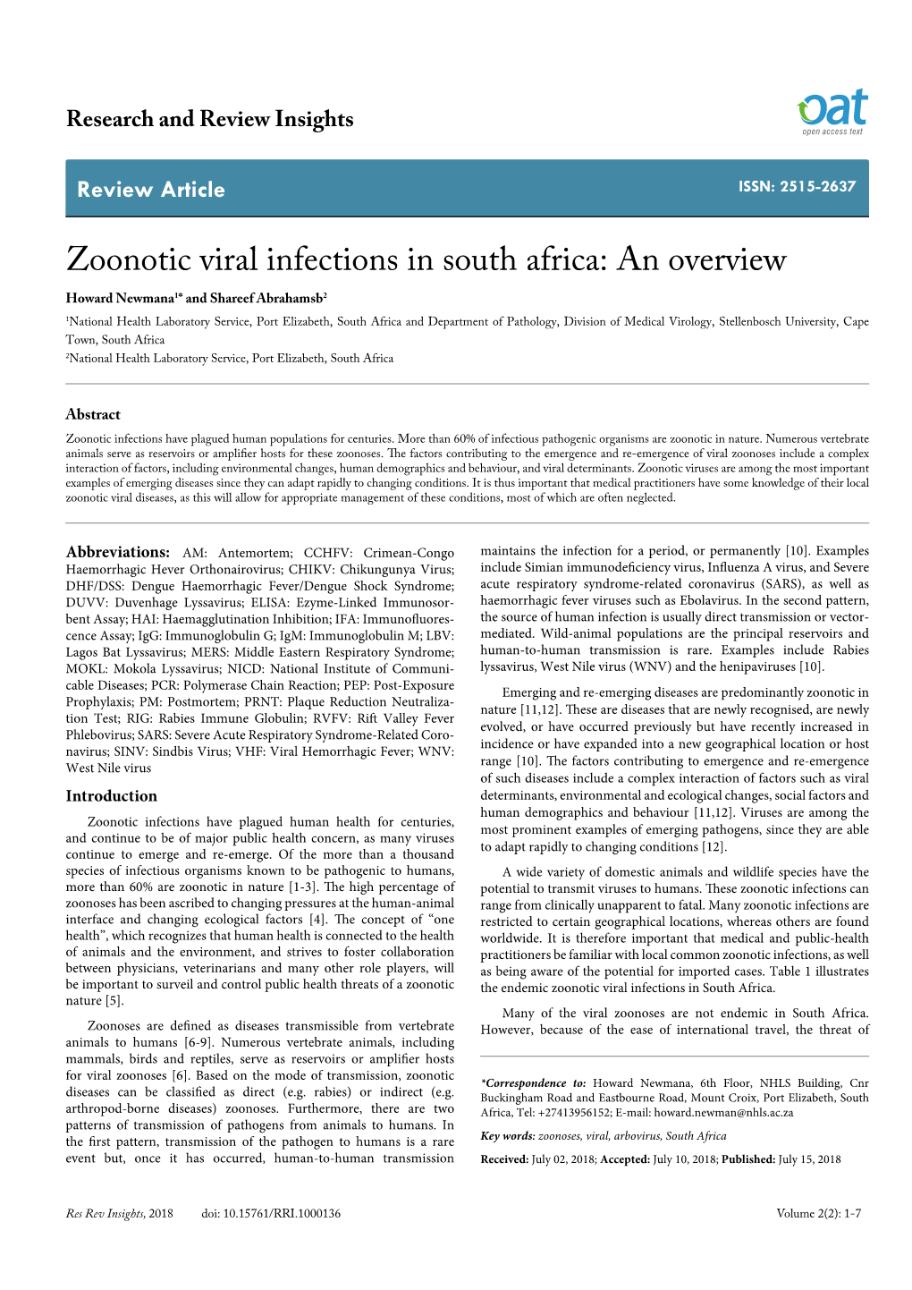 Zoonotic Viral Infections in South Africa