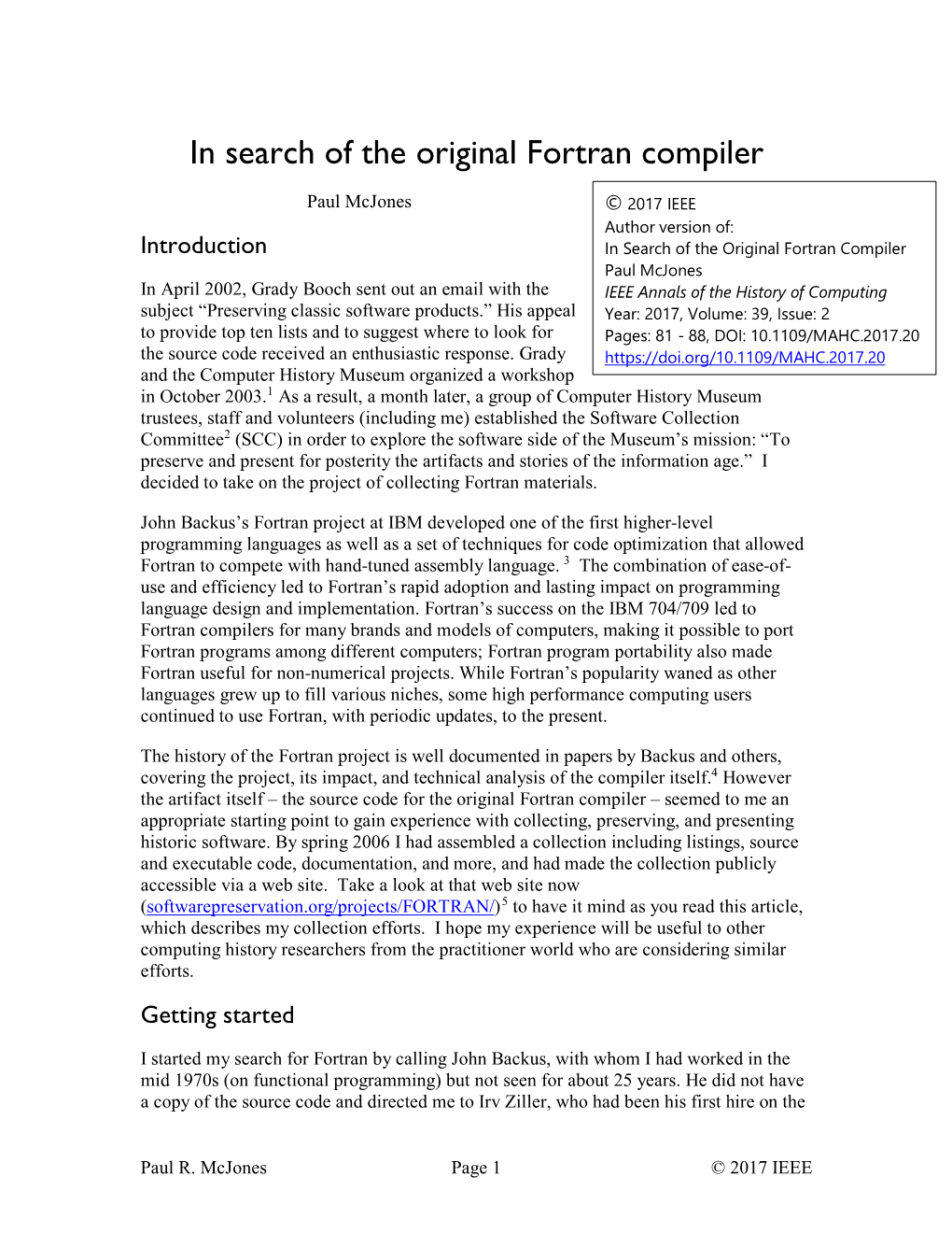 In Search of the Original Fortran Compiler