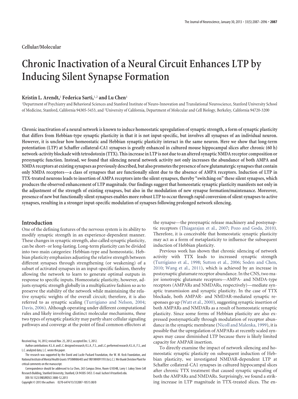 Chronic Inactivation of a Neural Circuit Enhances LTP by Inducing Silent Synapse Formation