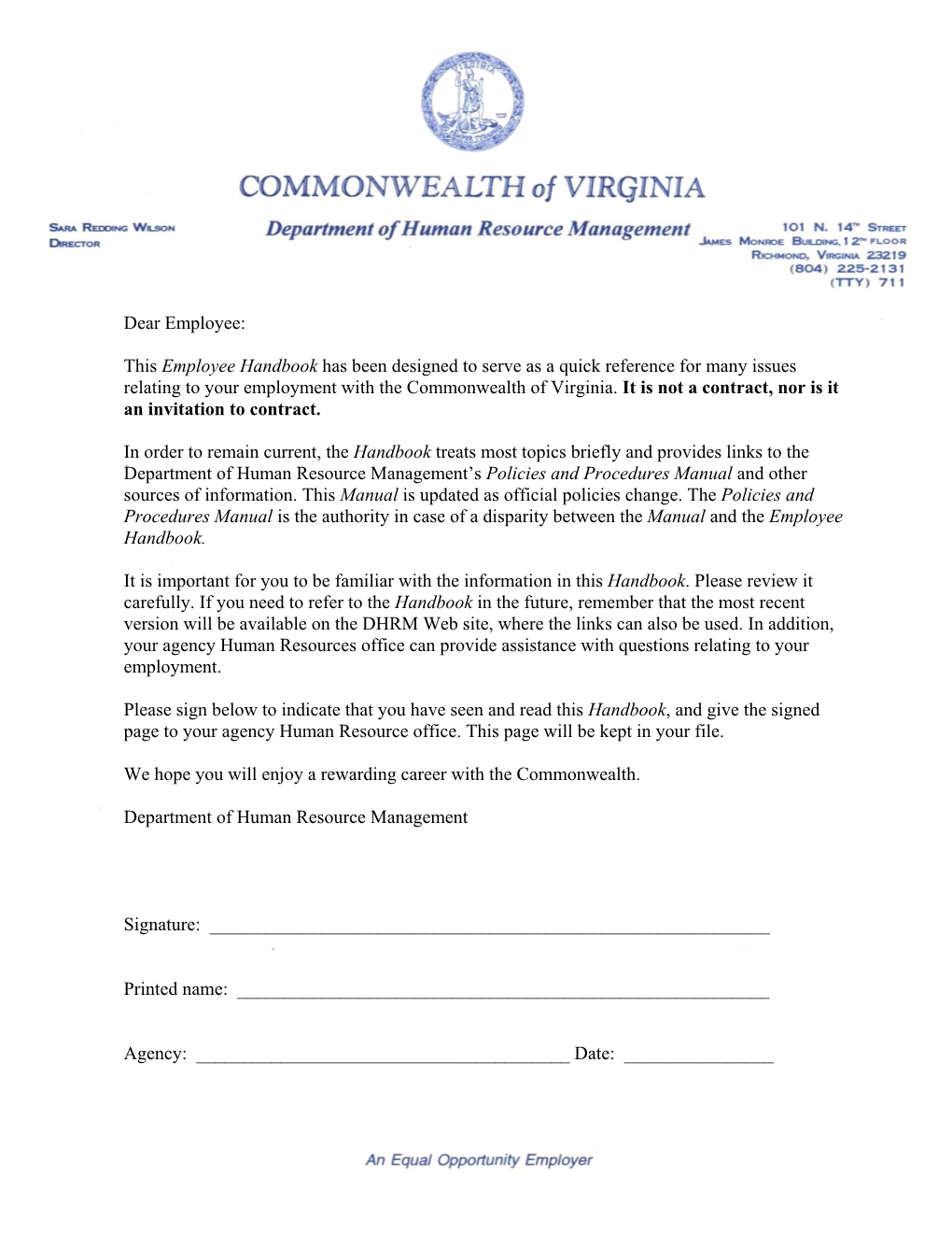 This Employee Handbook Has Been Designed to Serve As a Quick Reference for Many Issues Relating to Your Employment with the Commonwealth of Virginia