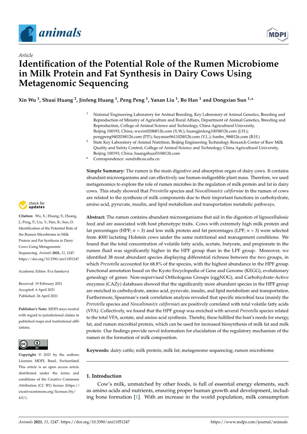 Identification of the Potential Role of the Rumen Microbiome in Milk