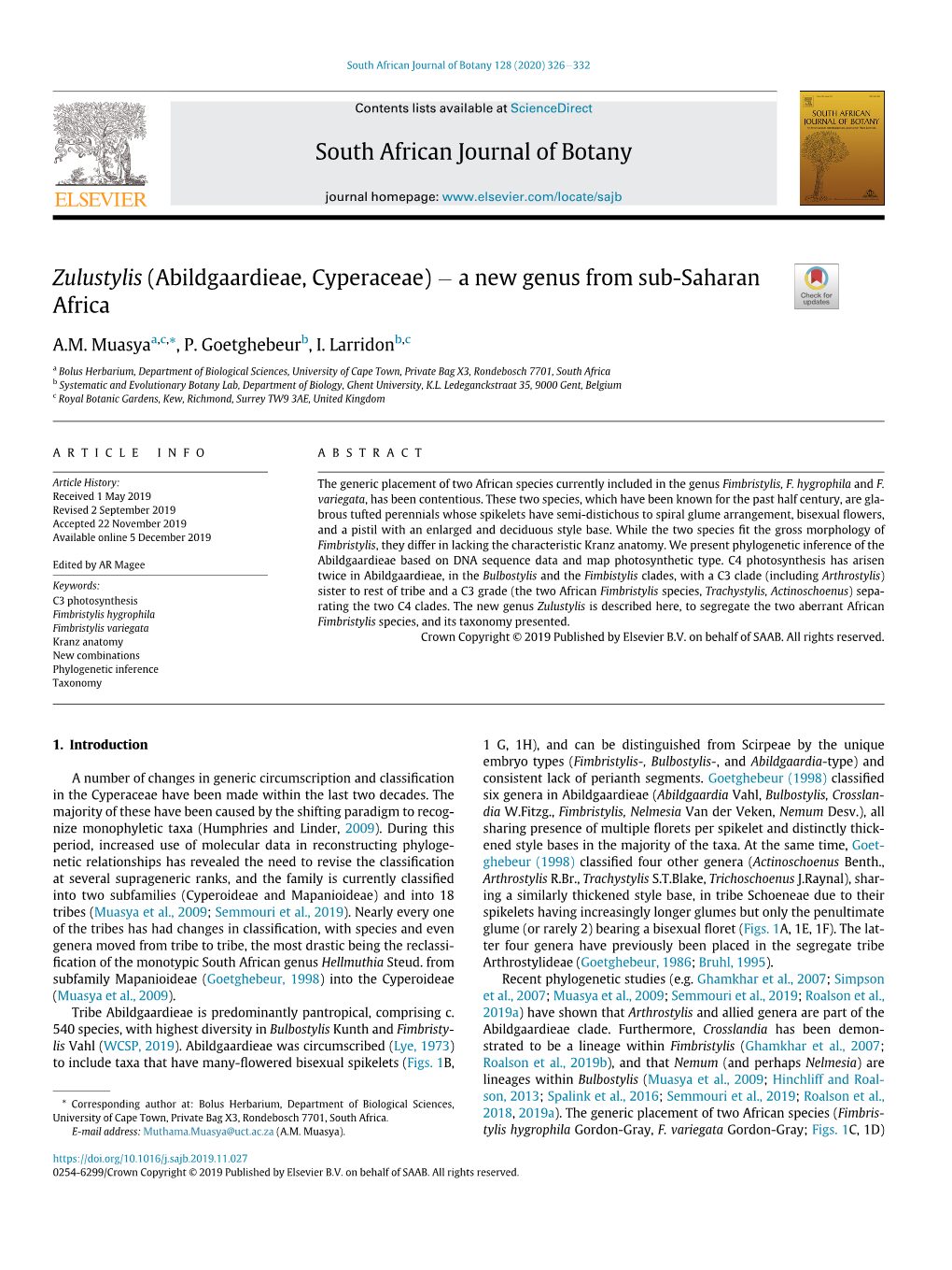 Abildgaardieae, Cyperaceae) À a New Genus from Sub-Saharan Africa