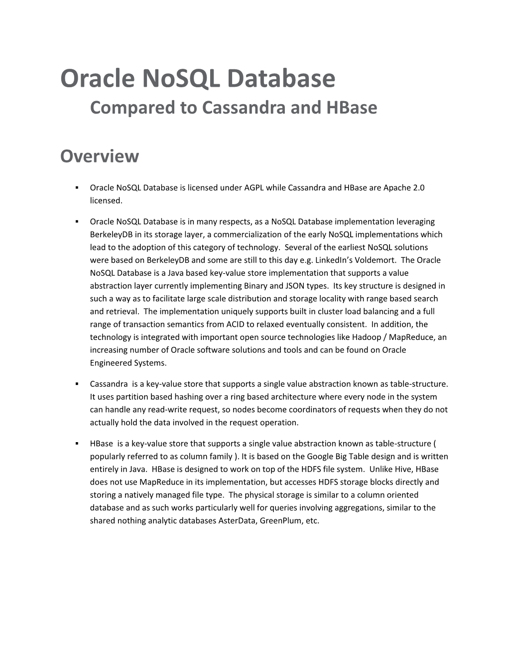 Oracle Nosql Database Compared to Cassandra and Hbase