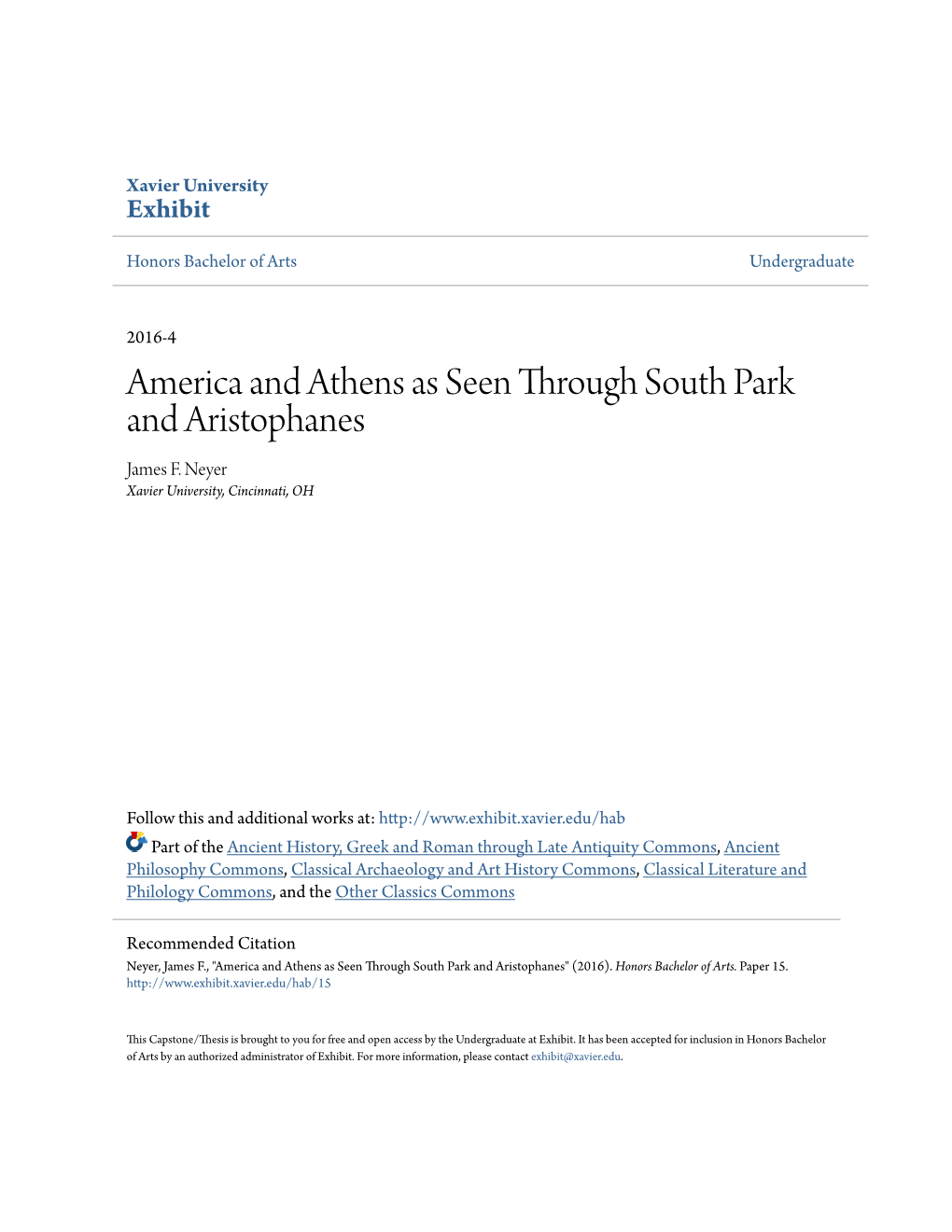 America and Athens As Seen Through South Park and Aristophanes James F