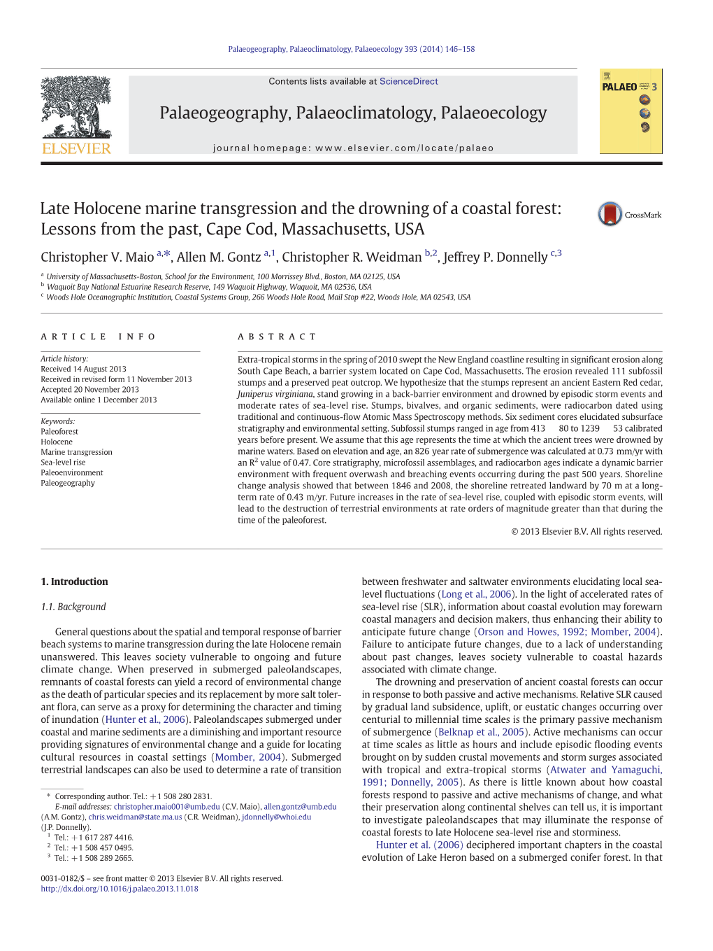 Late Holocene Marine Transgression and the Drowning of a Coastal Forest: Lessons from the Past, Cape Cod, Massachusetts, USA