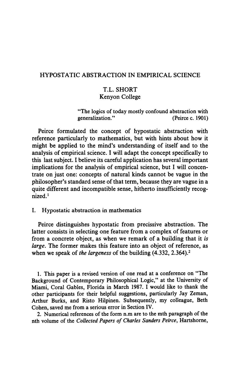 Hypostatic Abstraction in Empirical Science T.L. Short