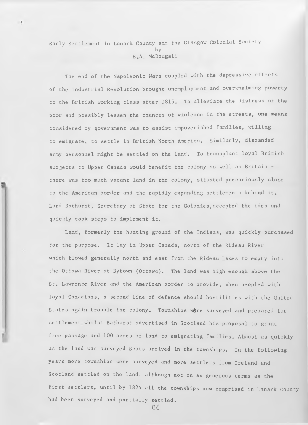 Early Settlement in Lanark County and the Glasgow Colonial Society by E.A. Mcdougall the End of the Napoleonic Wars Coupled With